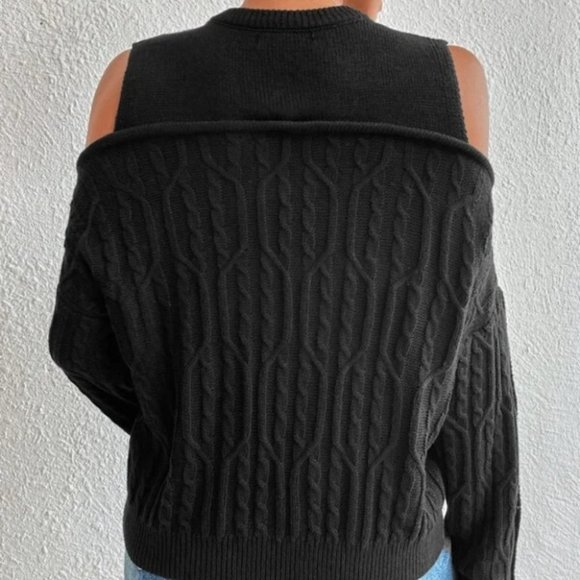 BLACK Button Detail Cold Shoulder Knit Sweater Top - Picture 6 of 6